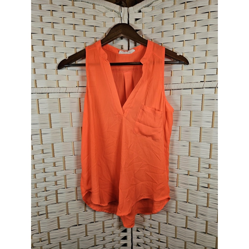 Lush Womens  XS Sleeveless Blouse Orange V-Neck Pocket Casual Bright Colorful